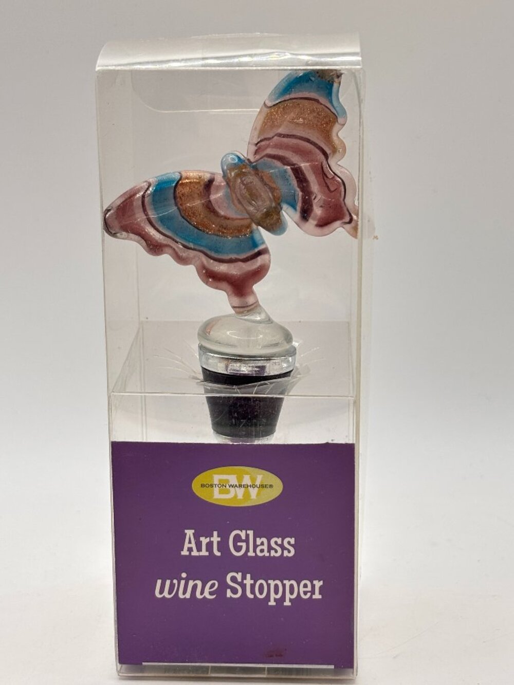 Butterfly Art Glass Wine Bottle Stopper NIB Pink Purple Blue Gold Silver Gift